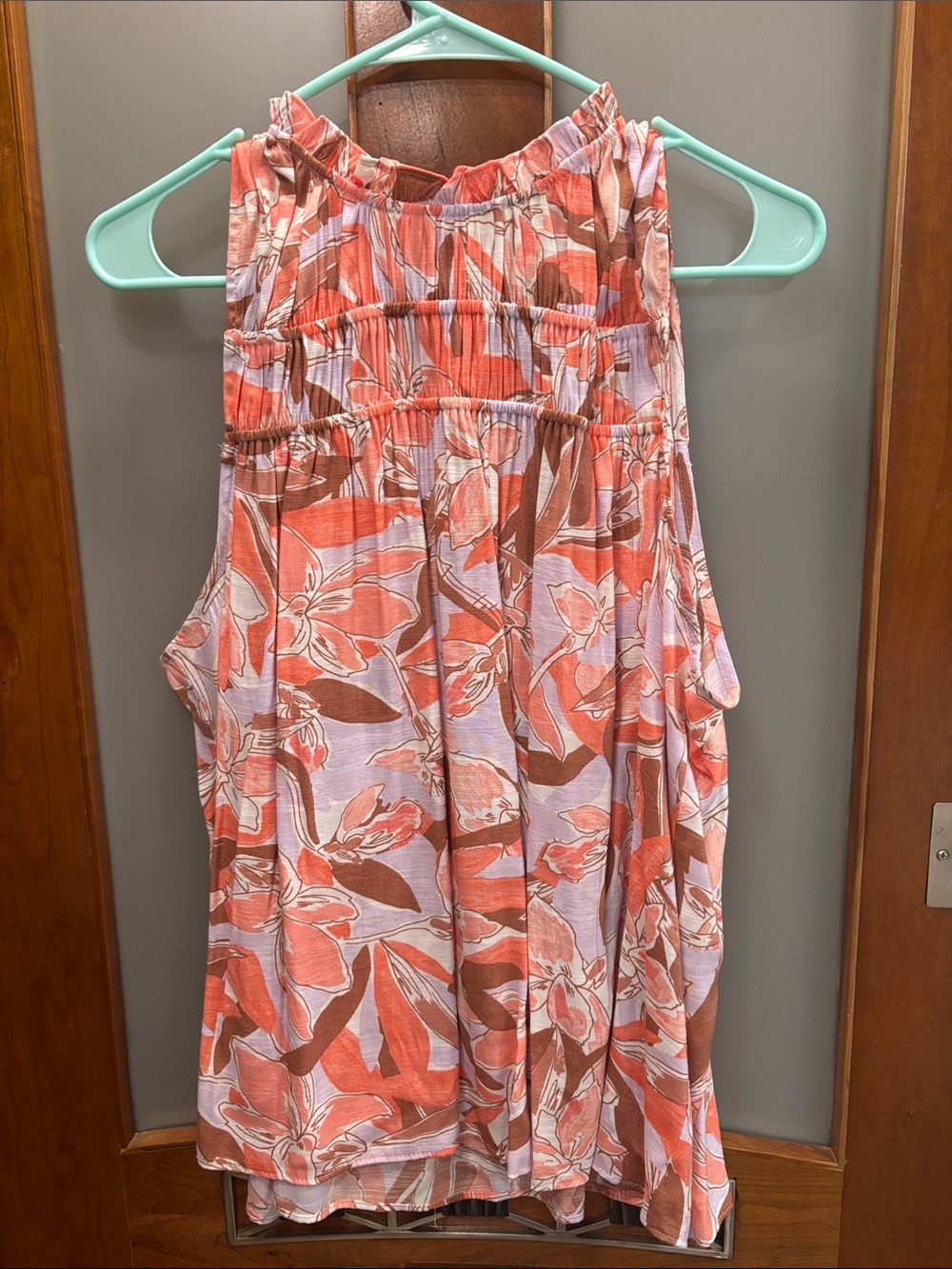 Nine West Coral and Brown Floral High-Neck Tank